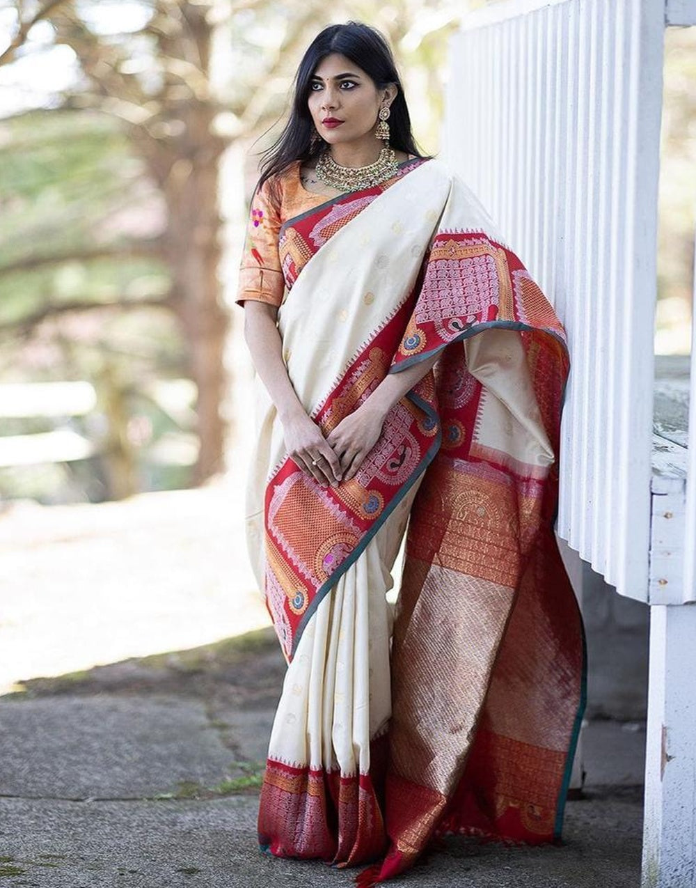 White &amp; Red Soft Banarasi Silk Saree With Zari Weaving Work