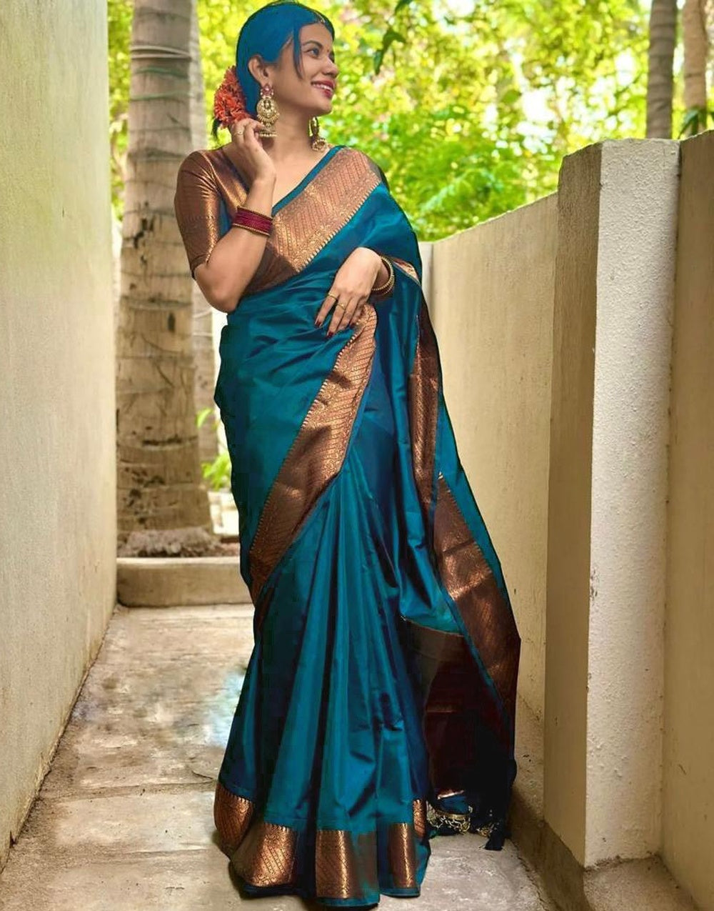 Firozi Banarasi Soft Silk Saree With Zari Weaving Work