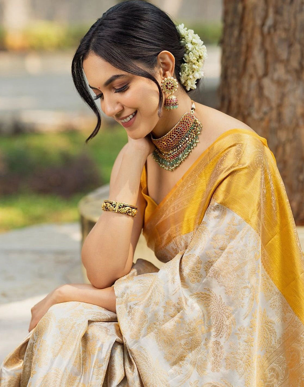 Cream &amp; Yellow Banarasi Soft Silk Saree With Zari Weaving Work