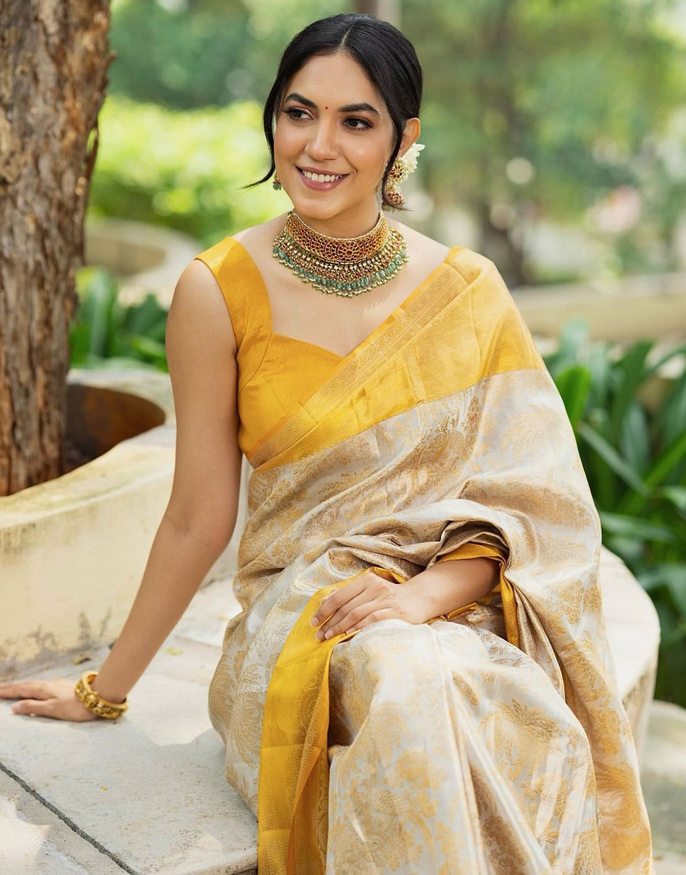 Cream &amp; Yellow Banarasi Soft Silk Saree With Zari Weaving Work