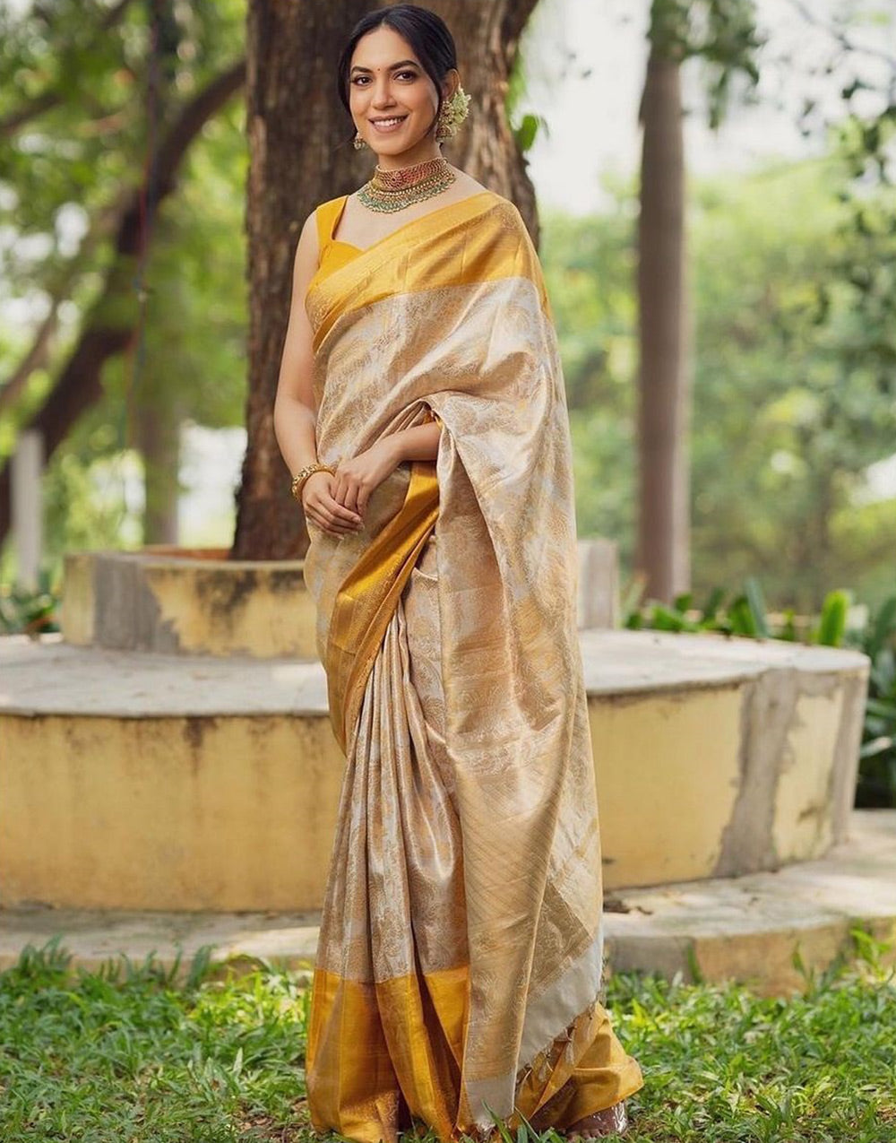 Cream &amp; Yellow Banarasi Soft Silk Saree With Zari Weaving Work