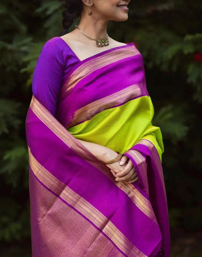 Light Green &amp; Purple Banarasi Soft Silk Saree With Weaving Work