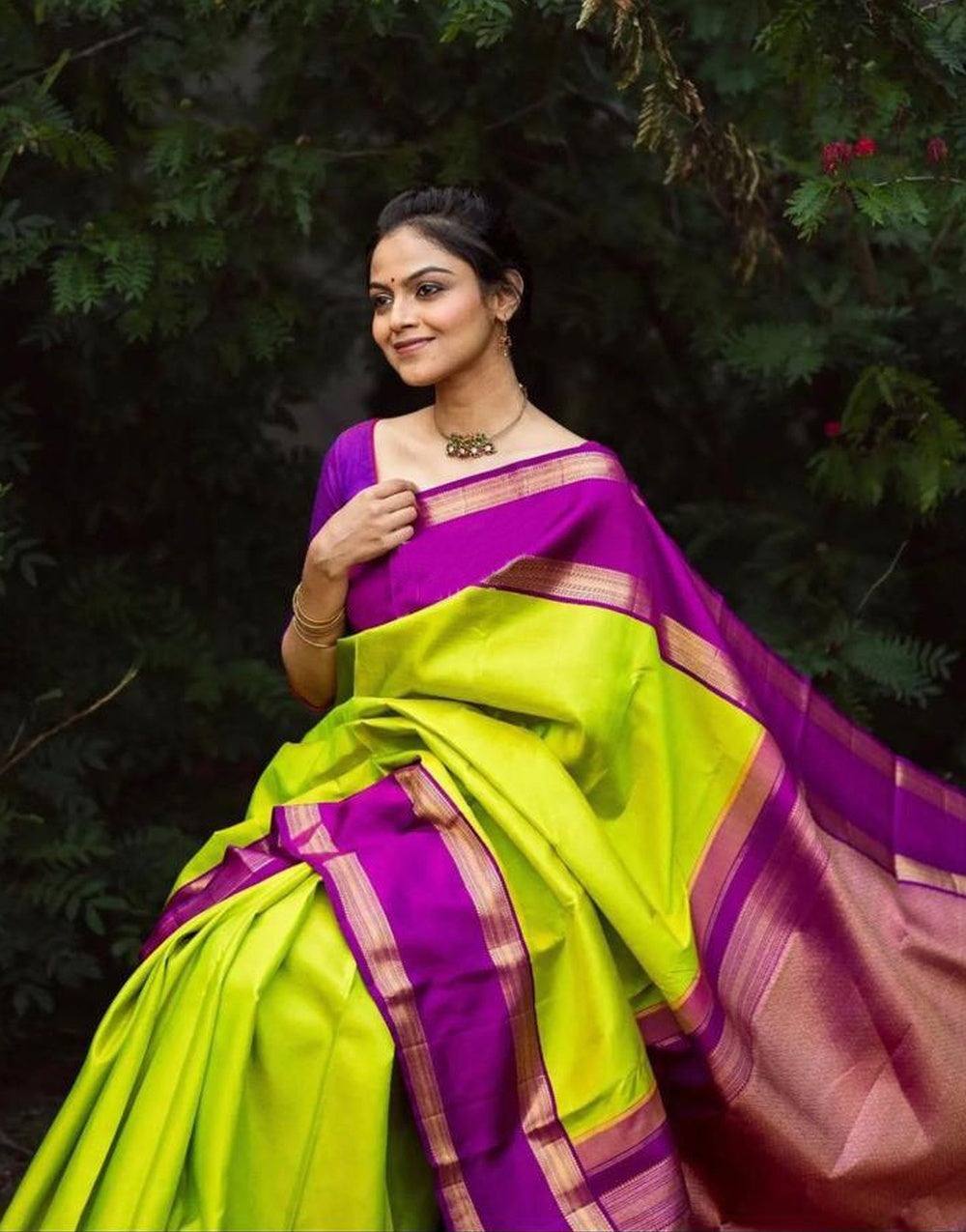 Light Green &amp; Purple Banarasi Soft Silk Saree With Weaving Work