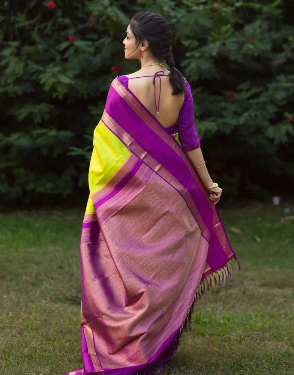 Light Green &amp; Purple Banarasi Soft Silk Saree With Weaving Work