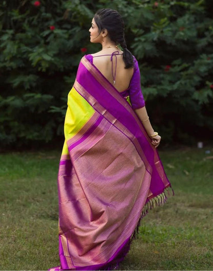 Light Green &amp; Purple Banarasi Soft Silk Saree With Weaving Work