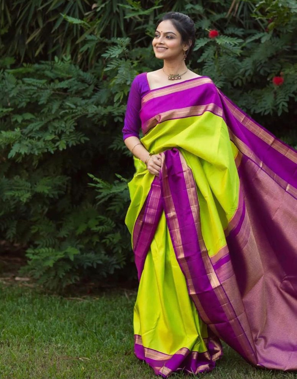 Light Green &amp; Purple Banarasi Soft Silk Saree With Weaving Work