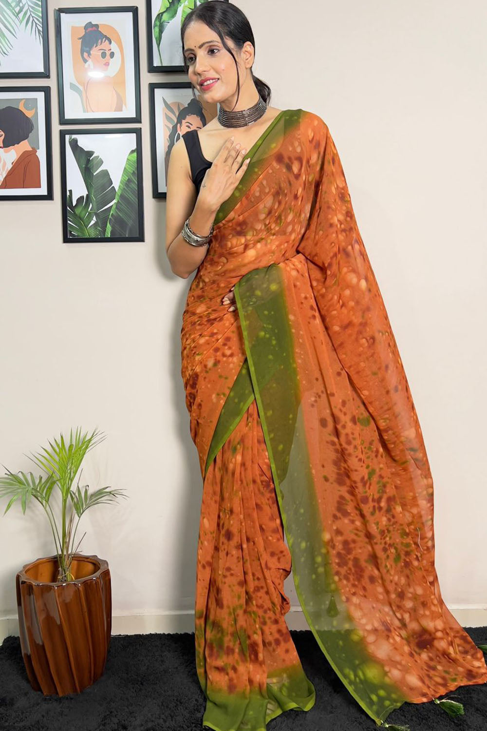 Orange &amp; Green Georgette Saree With Printed Work