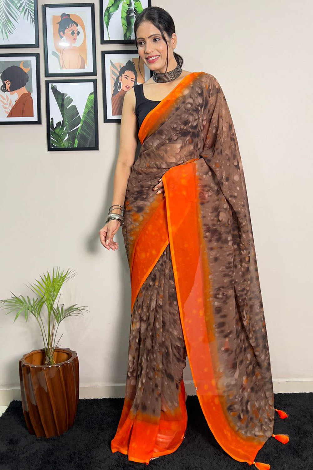 Brown &amp; Orange Georgette Saree With Printed Work