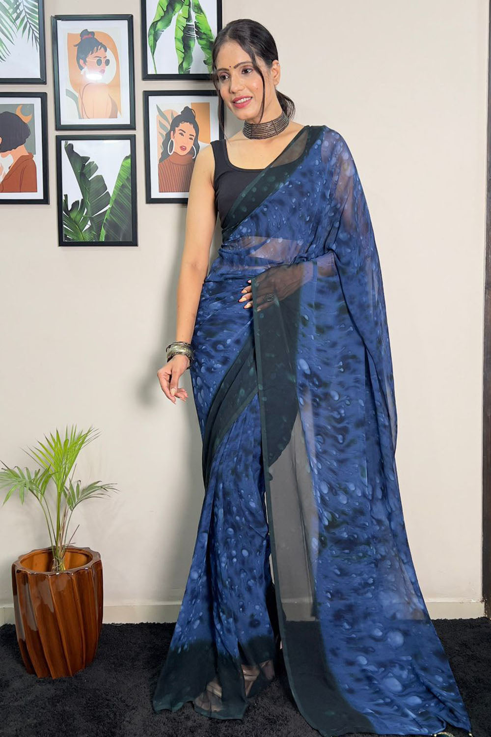 Navy Blue &amp; Black Georgette Saree With Printed Work