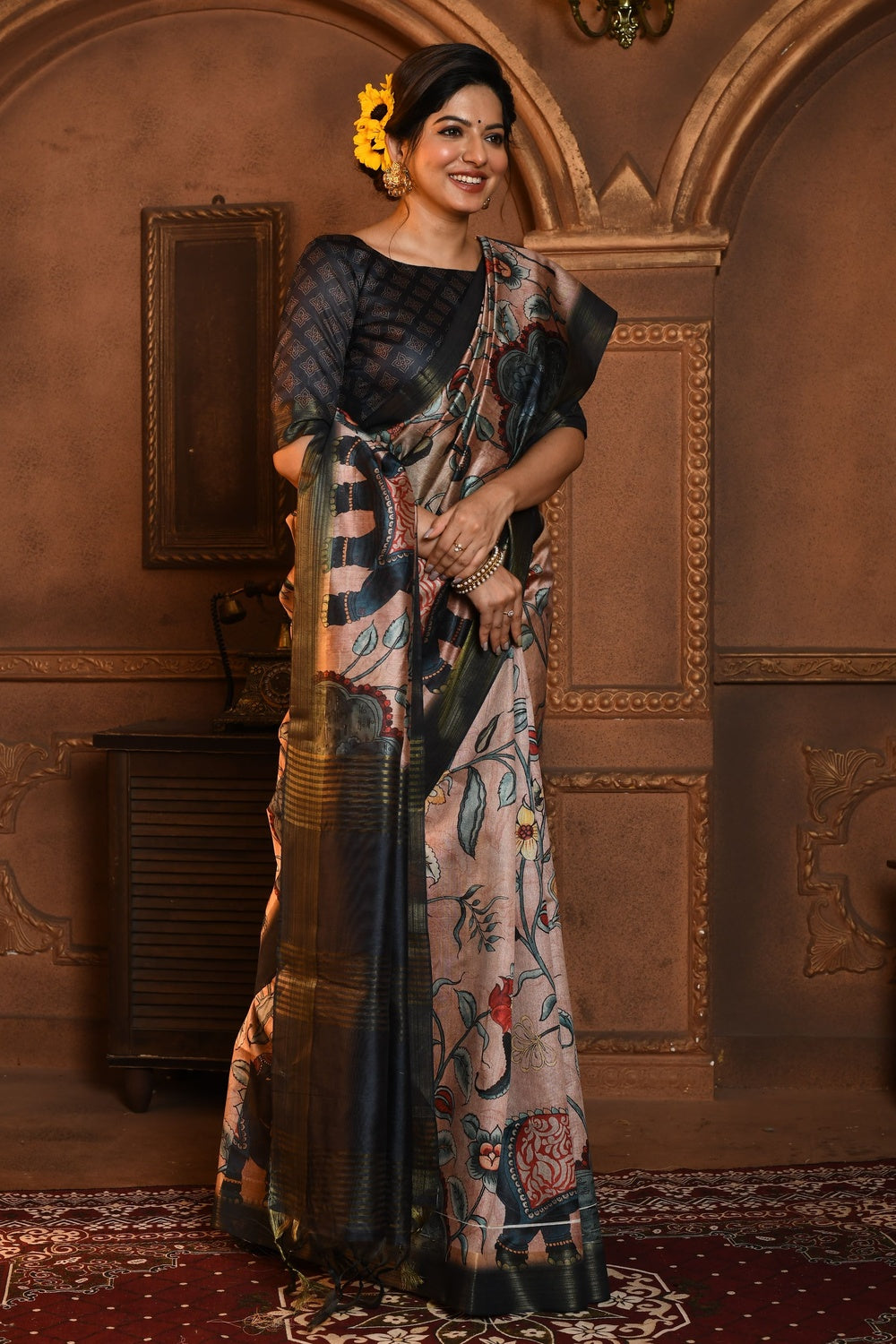 Buy Handwoven Black Tussar Silk Saree with Natural Color Palla. by BANKA  SILK at Ogaan Market Online Shopping Site