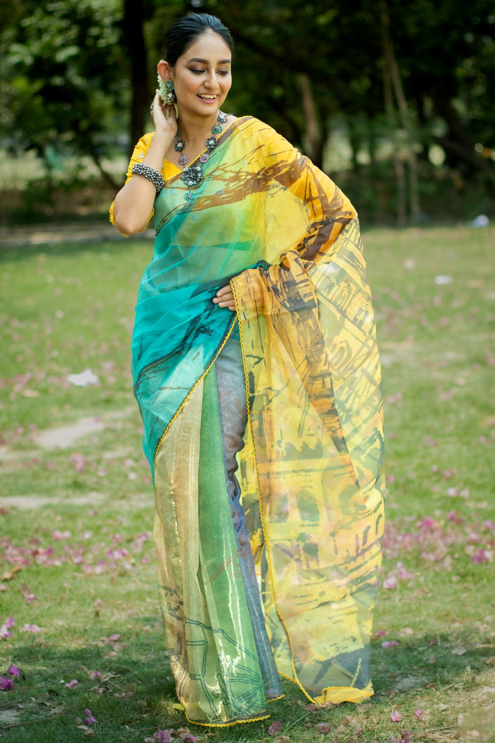 Women And Girl Blue Yellow Combination Birds Weaving Khadi Cotton Saree