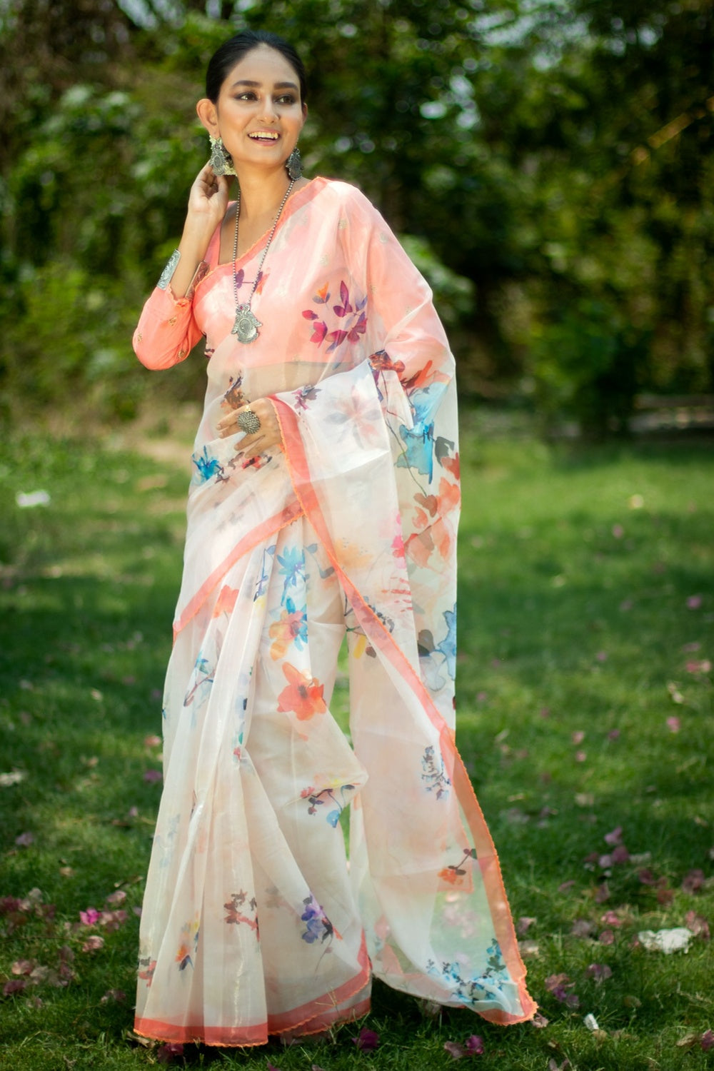 Buy Peony Peach Organza Saree online-Karagiri