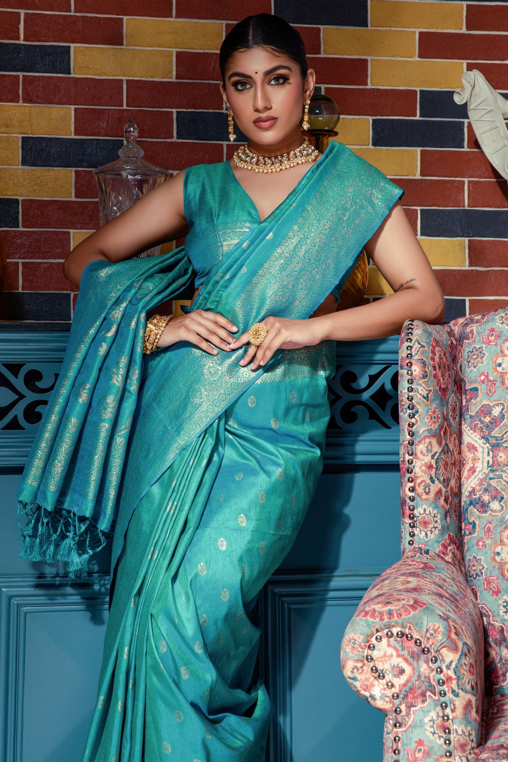 Gratifying Woven Banarasi Firozi Classic Designer Saree