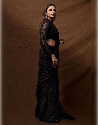 Black Georgette Saree With Embroidery Work &amp; Sequence Work