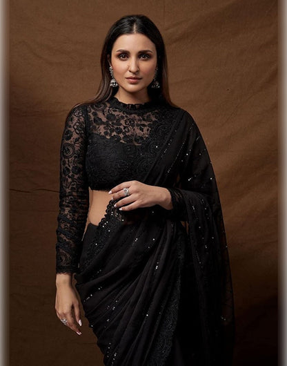 Black Georgette Saree With Embroidery Work &amp; Sequence Work