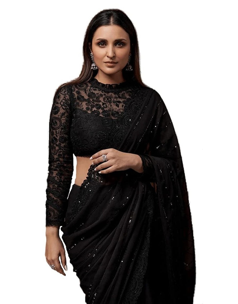 Black Georgette Saree With Embroidery Work &amp; Sequence Work