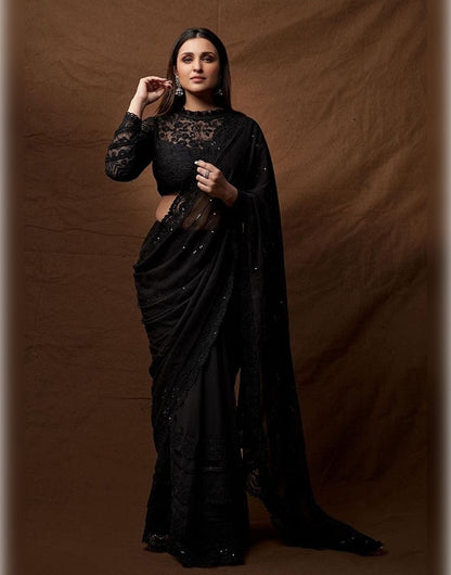 Black Georgette Saree With Embroidery Work &amp; Sequence Work