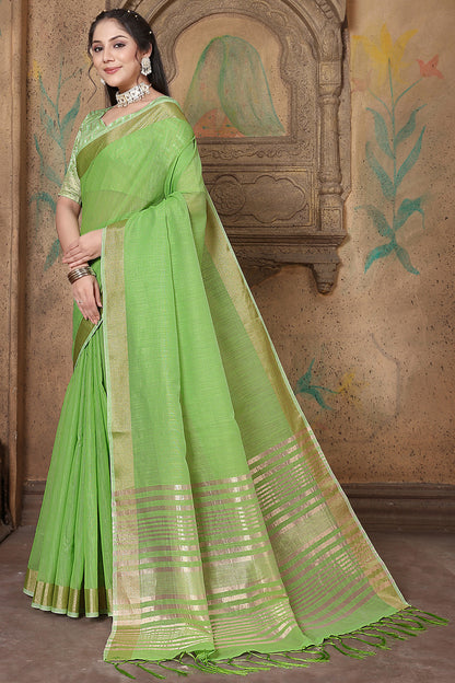 Light Green Soft Linen With Weaving Saree