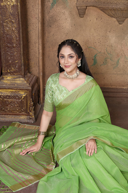 Light Green Soft Linen With Weaving Saree