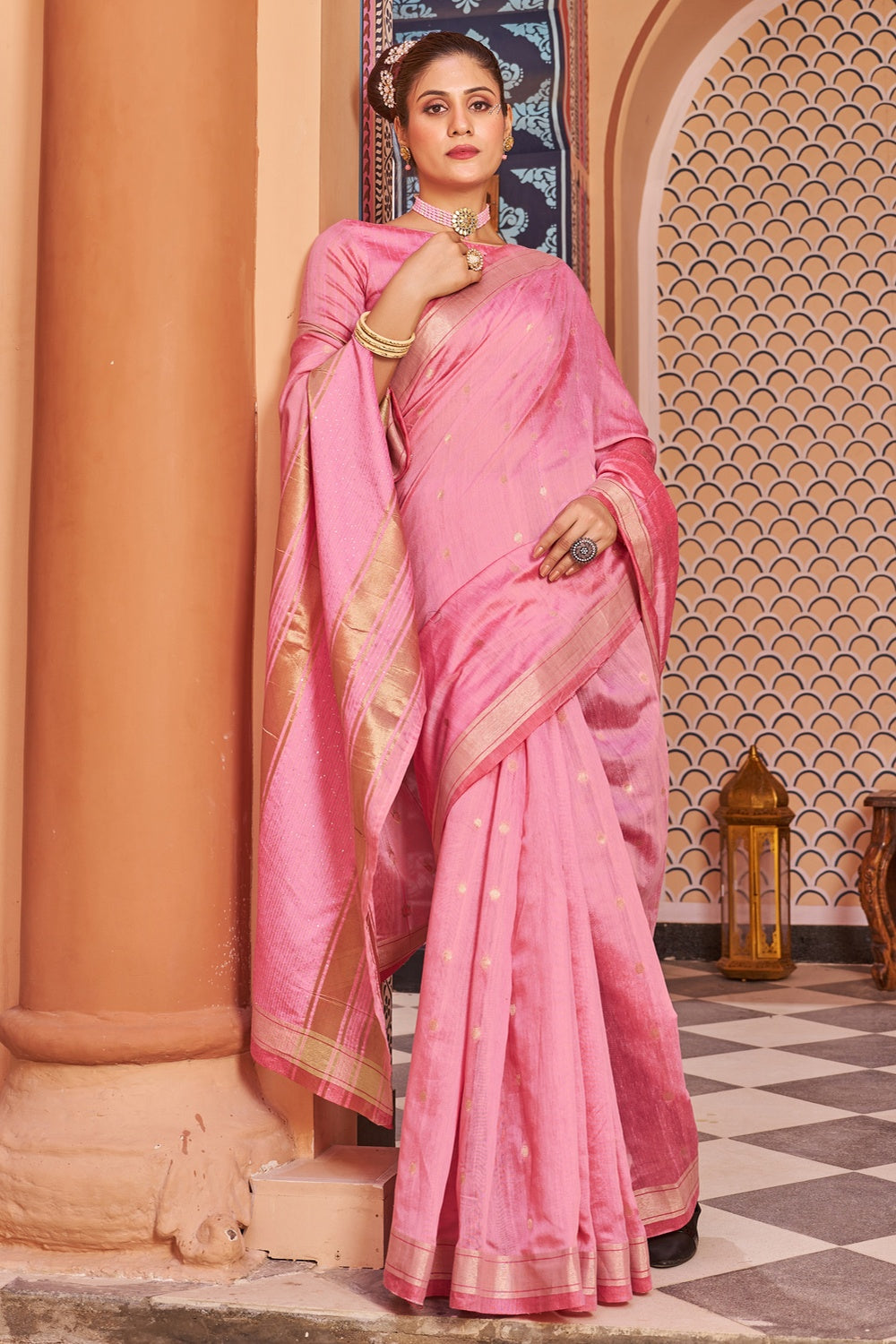 Saree in Punch Pink Georgette for Party Wear with Zari embroidery