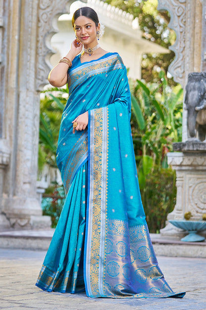 Cyan Blue Banarasi Silk Saree With Weaving Work