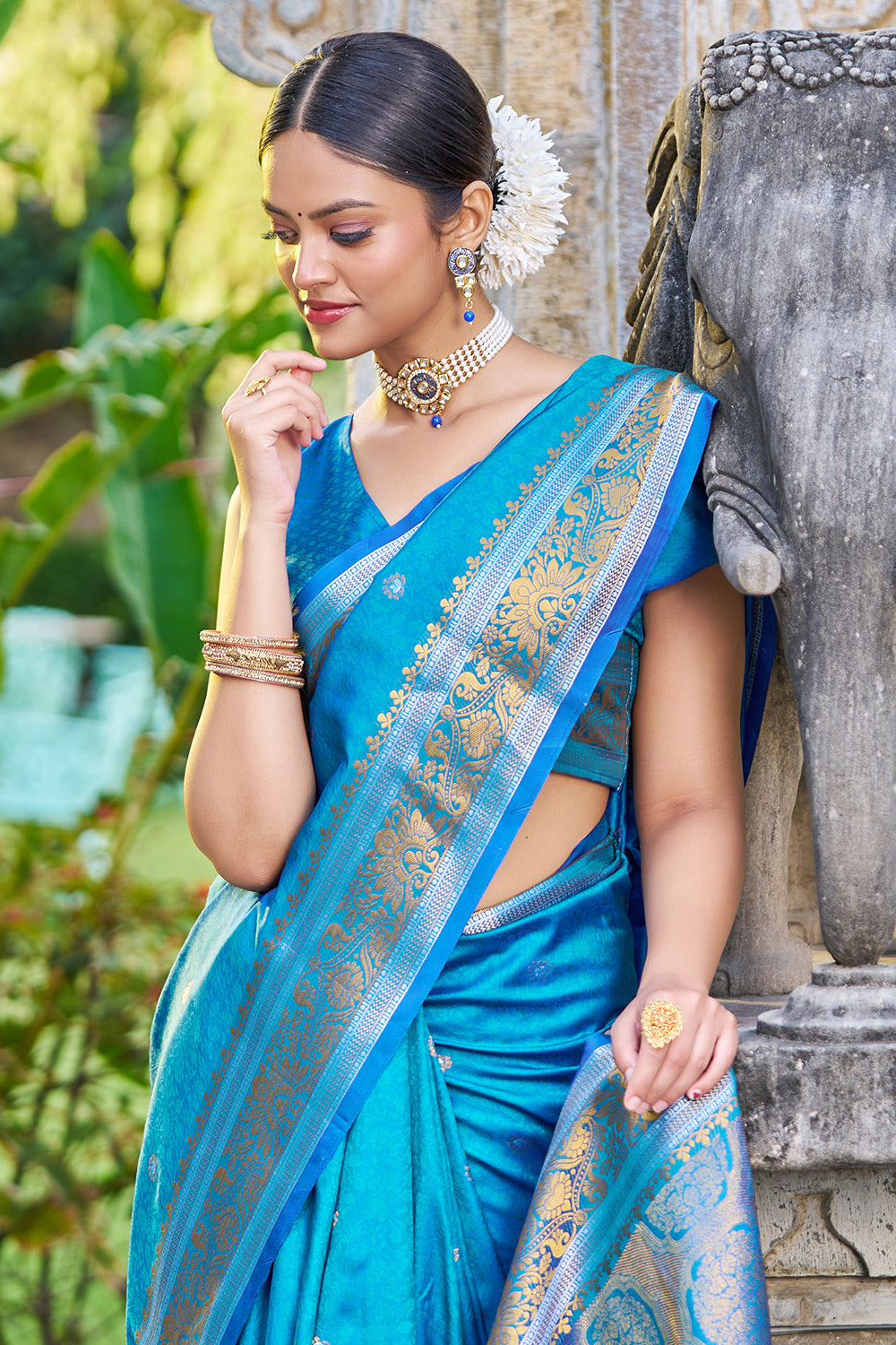 Cyan Blue Banarasi Silk Saree With Weaving Work