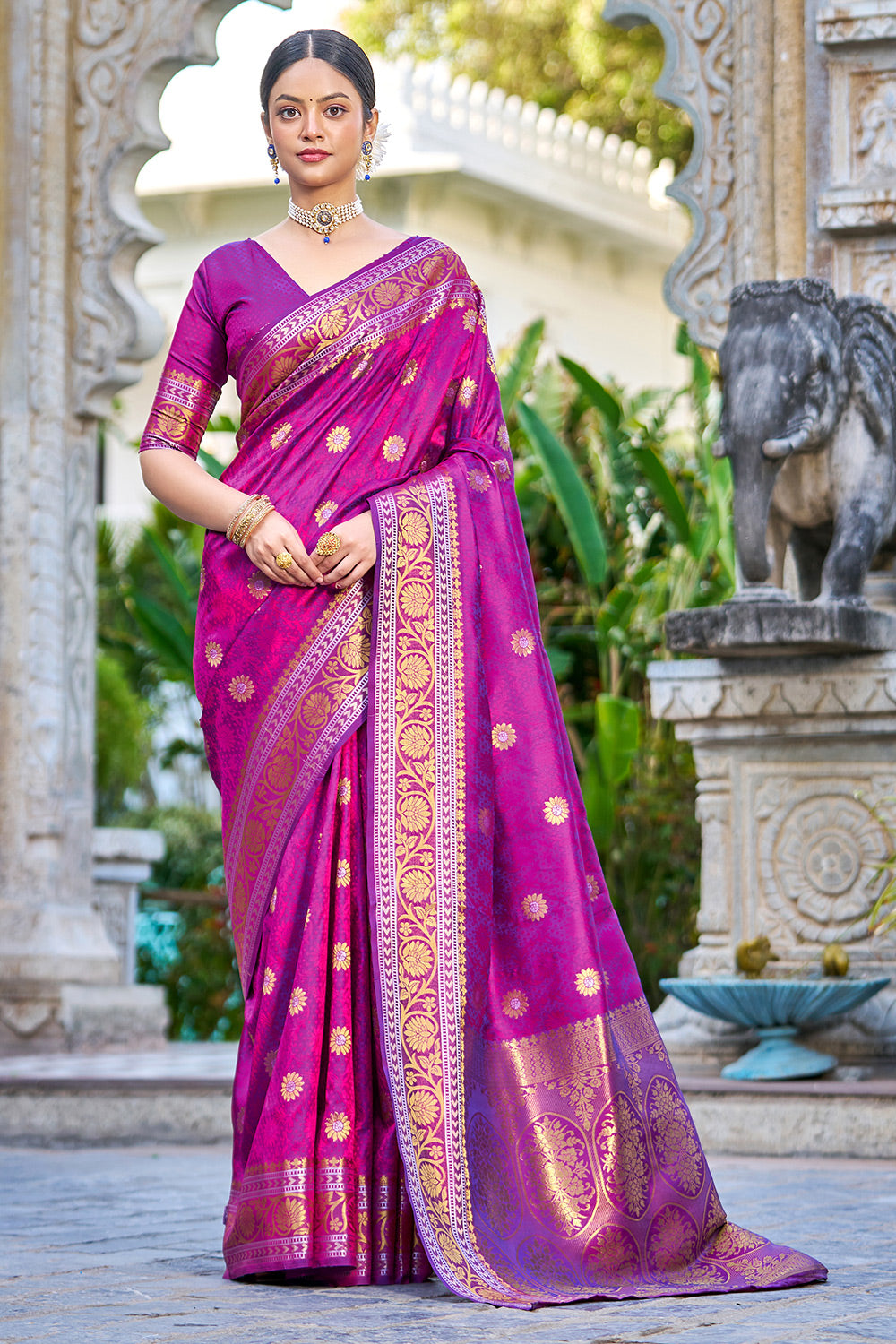 Magenta color soft banarasi silk saree with zari weaving work