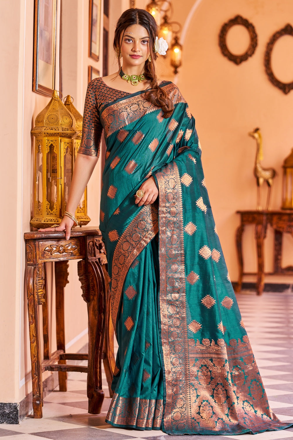 Embellished Chiffon Brasso Saree in Teal Blue : SPF8980