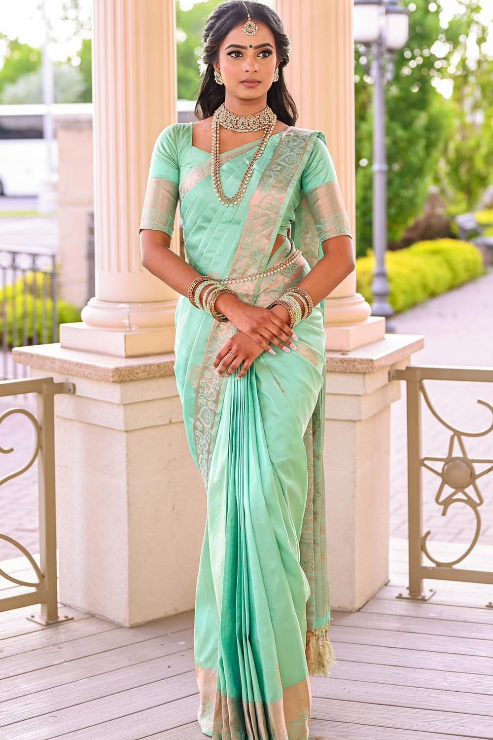 Mint Green Banarasi Silk Saree With Weaving Work