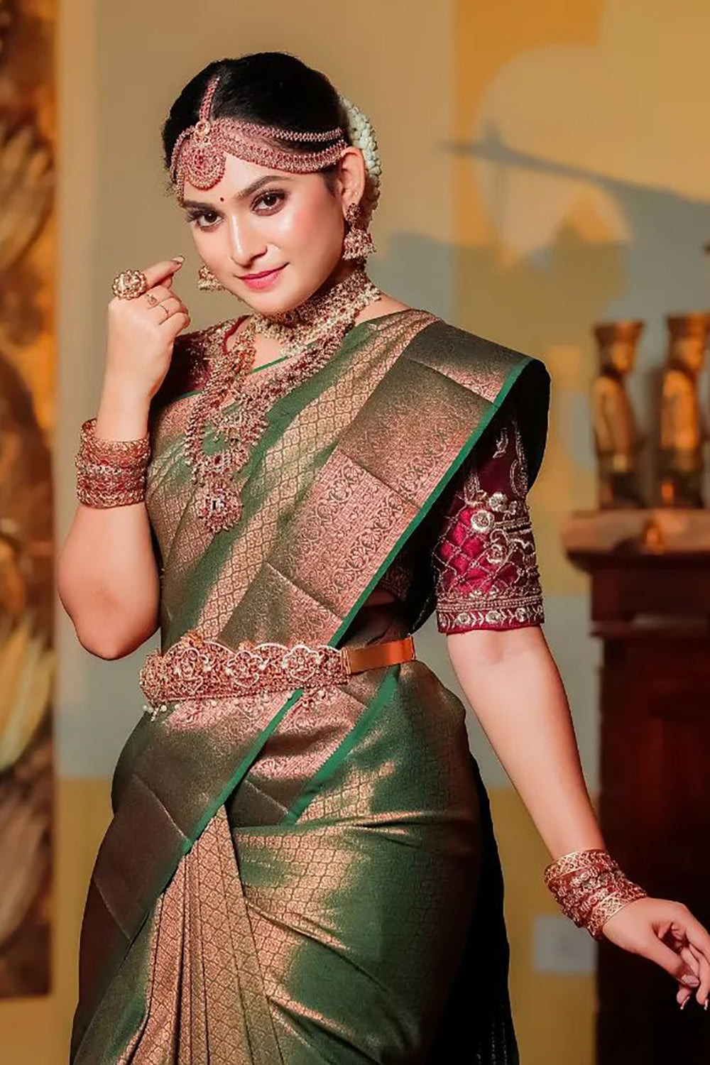 Green Kanjivaram Silk Saree With Zari Weaving Work