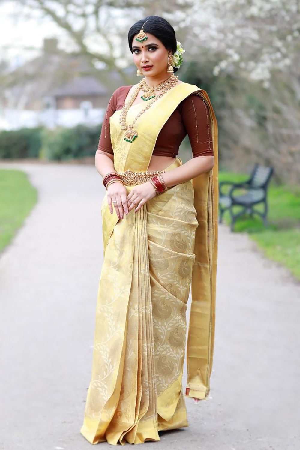 Light Yellow Kanjivaram Silk Saree With Zari Weaving Work