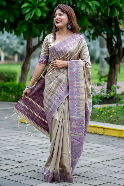 Beige &amp; Lavender Soft Tussar Silk With Zari Weaving Saree