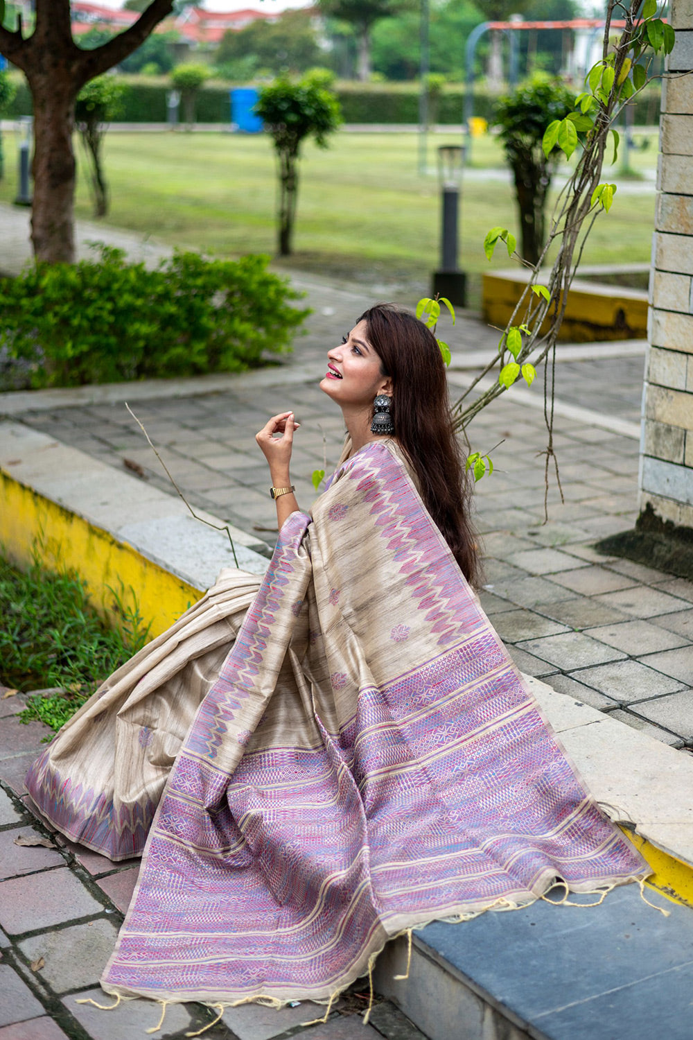 Beige &amp; Lavender Soft Tussar Silk With Zari Weaving Saree