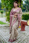 Beige & Light Maroon Soft Tussar Silk With Zari Weaving Saree