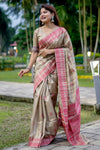 Beige & Light Pink Soft Tussar Silk With Zari Weaving Saree