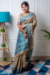 Beige & Ocean Blue Soft Tussar Silk With Zari Weaving Saree