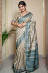 Beige & Light Blue Soft Tussar Silk With Zari Weaving Saree