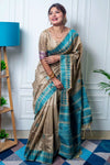 Beige & Sea Blue Soft Tussar Silk With Zari Weaving Saree