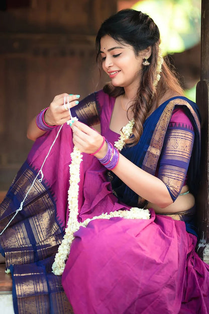 Pink Narayanpeth Cotton Silk Jacquard Half Lehenga Saree