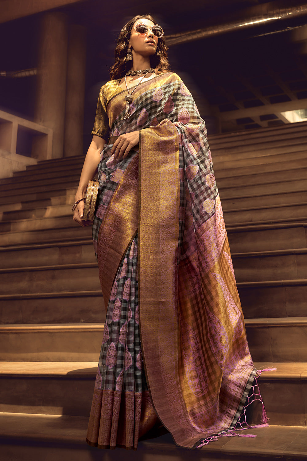 Blue checked cotton saree with paisley designs, contrast border of paisleys  & pallu of stripes