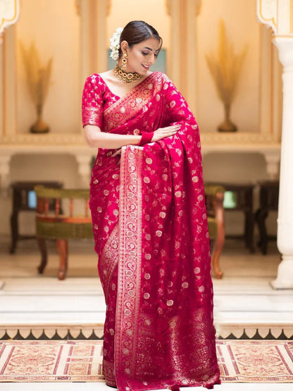 Hira RubyPink Banarasi Silk Saree With Amazing Blouse Piece