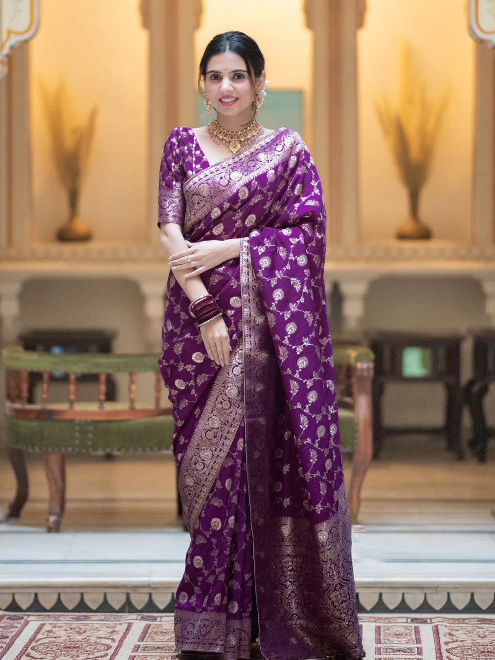 Hira Purple Banarasi Silk Saree With Amazing Blouse Piece