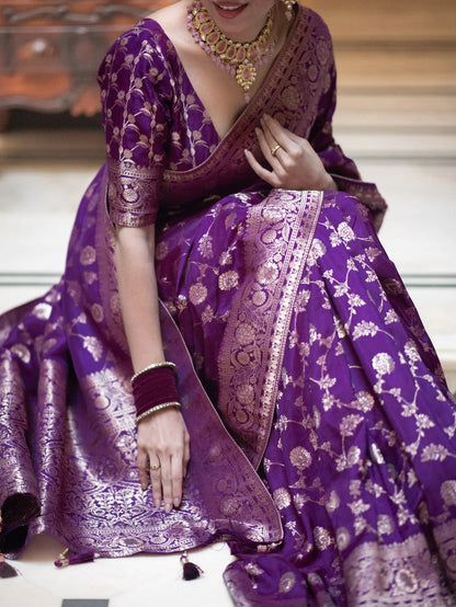 Hira Purple Banarasi Silk Saree With Amazing Blouse Piece