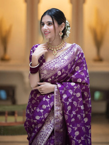 Hira Purple Banarasi Silk Saree With Amazing Blouse Piece