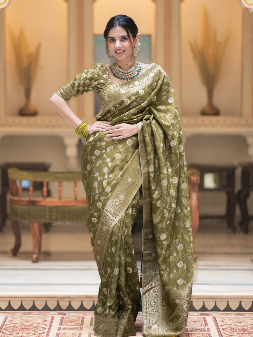 Hira Mahendi Banarasi Silk Saree With Amazing Blouse Piece