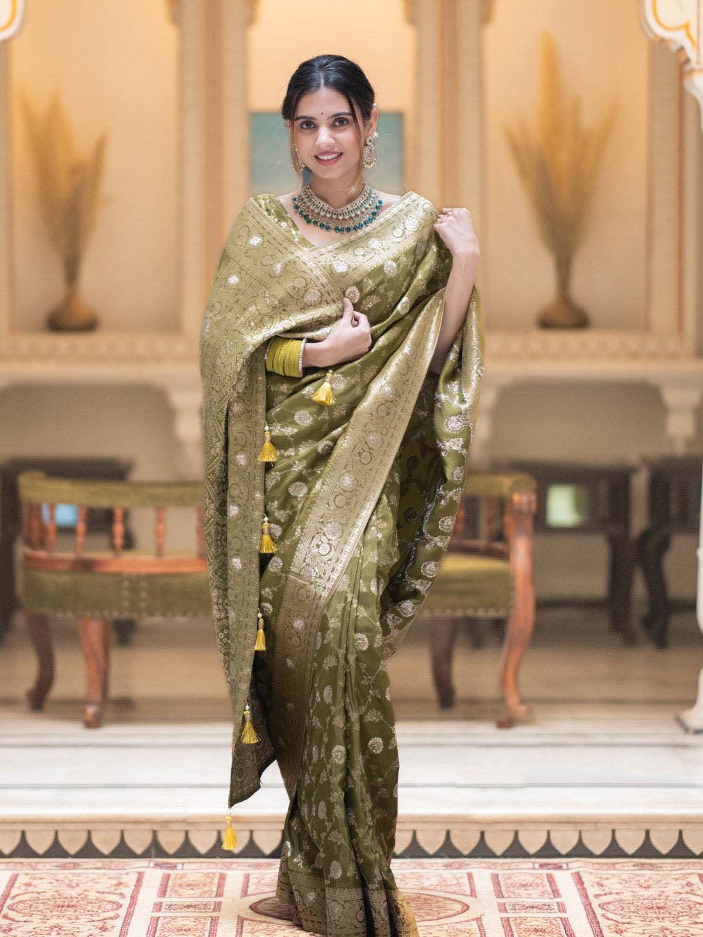 Hira Mahendi Banarasi Silk Saree With Amazing Blouse Piece