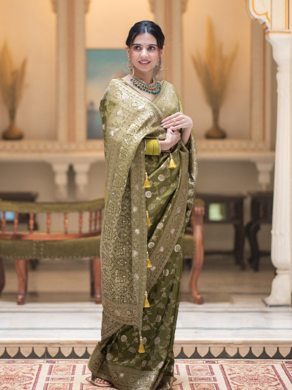 Hira Mahendi Banarasi Silk Saree With Amazing Blouse Piece