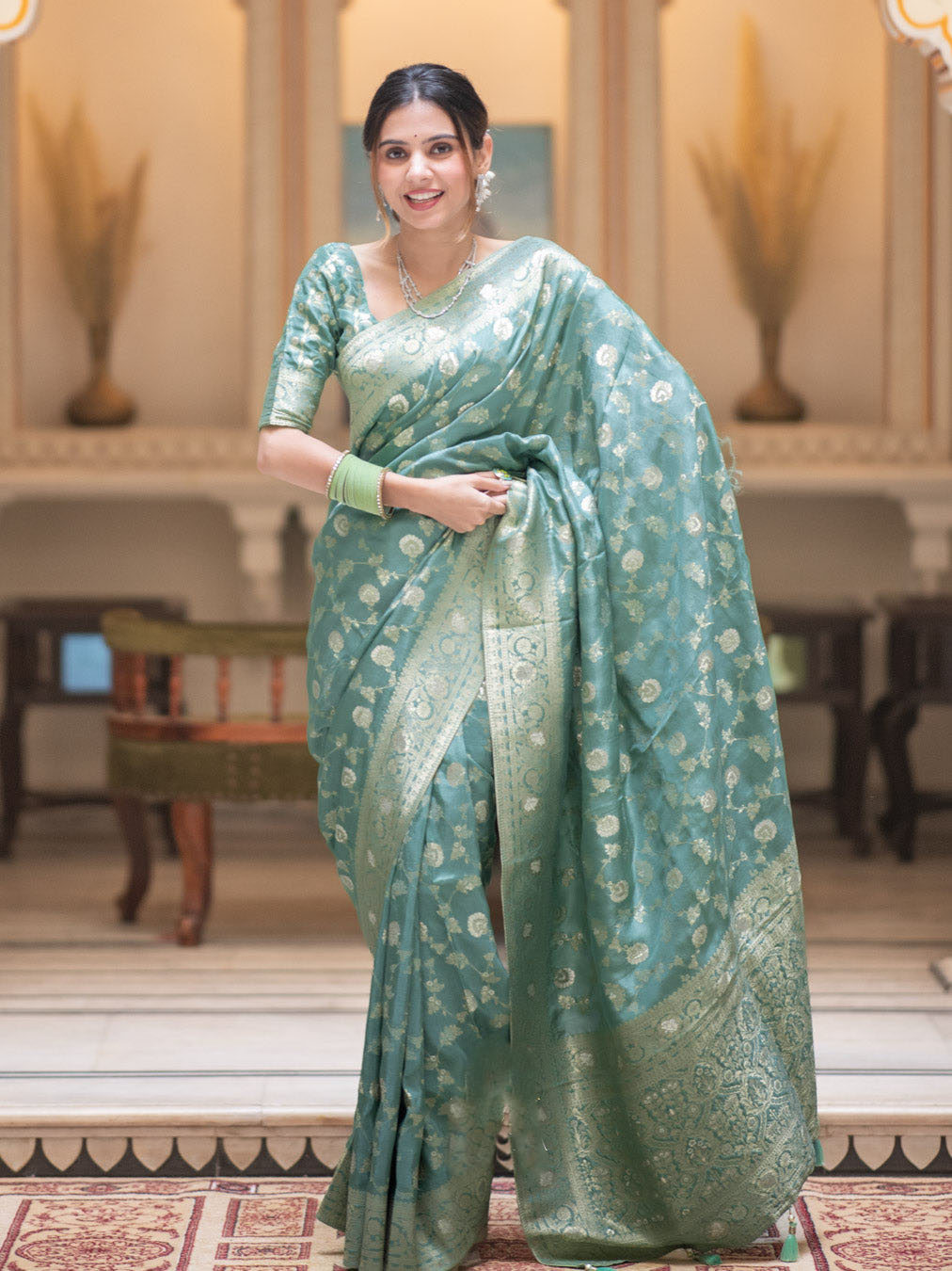 Hira C- Green Banarasi Silk Saree With Amazing Blouse Piece