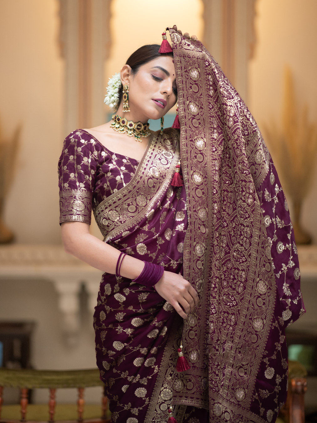 Hira Wine Banarasi Silk Saree With Amazing Blouse Piece