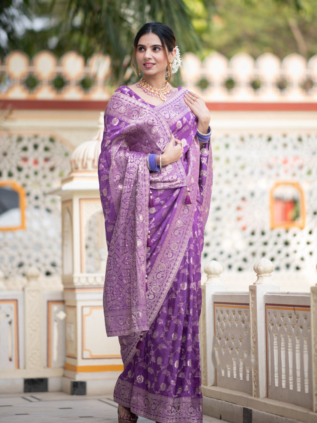 Hira Rich Purple Banarasi Silk Saree With Amazing Blouse Piece